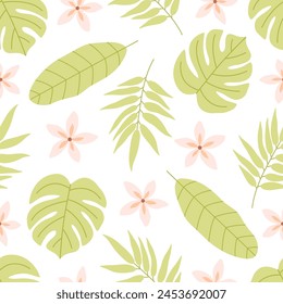 Patrón sin costuras con hojas tropicales y flores. Verano, lugar tropical. Ilustración vectorial en estilo plano