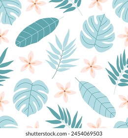 Seamless pattern with tropical leaves and flowers. Summertime, tropical place. Vector illustration in flat style