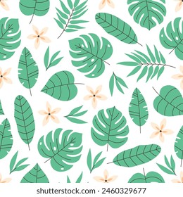 Patrón sin costuras con hojas tropicales y flores. Verano, lugar tropical. Ilustración vectorial en estilo plano