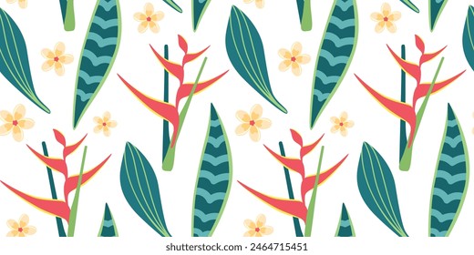 Seamless pattern with tropical leaves and flowers in simple design. Summer pattern with exotic plants for fabric and wallpaper. Flat vector illustration.

