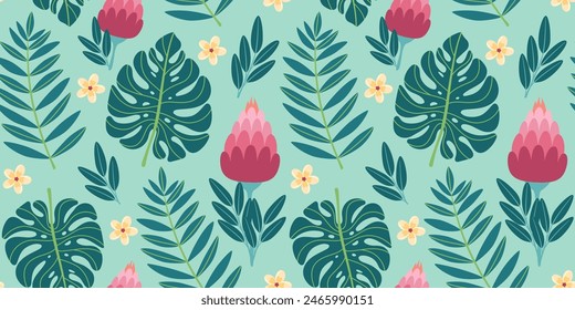 Seamless pattern with tropical leaves and flowers in simple design. Summer pattern with exotic plants for fabric and wallpaper. Flat vector illustration.
