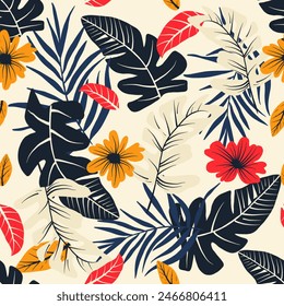 seamless pattern tropical leaves and flowers