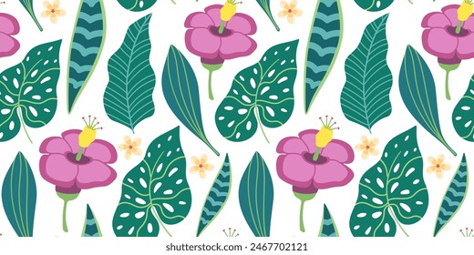 Seamless pattern with tropical leaves and flowers in simple design. Summer pattern with exotic plants for fabric and wallpaper. Flat vector illustration.
