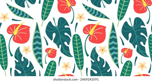 Seamless pattern with tropical leaves and flowers in simple design. Summer pattern with exotic plants for fabric and wallpaper. Flat vector illustration.
