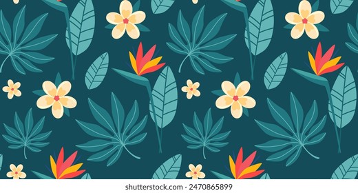Seamless pattern with tropical leaves and flowers in simple flat design. Summer pattern with exotic plants for fabric and wallpaper. Flat vector illustration.
