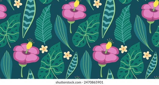 Seamless pattern with tropical leaves and flowers in simple flat design. Summer pattern with exotic plants for fabric and wallpaper. Flat vector illustration.
