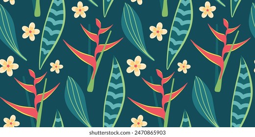 Seamless pattern with tropical leaves and flowers in simple flat design. Summer pattern with exotic plants for fabric and wallpaper. Flat vector illustration.
