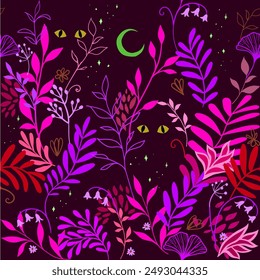 Patrón sin fisuras con hojas tropicales, flores, ojos de animales salvajes contra el cielo estrellado de la noche. Misteriosa ilustración de cuento de hadas de la selva de medianoche. Paleta de colores violeta, púrpura, magenta y rojo