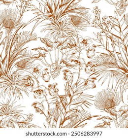 Patrón sin fisuras con hojas tropicales y flores. Ilustración botánica de estilo hawaiano. Vector de arte de línea dibujado a mano.