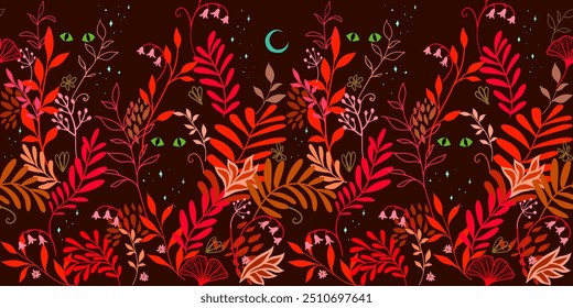 Seamless pattern with tropical leaves, flowers, glowing animal eyes against the starry night sky. Mysterious fairytale illustration of the midnight jungle. Red, maroon, orange, coral color palette