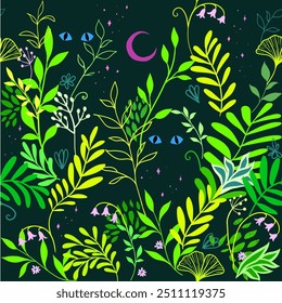 Seamless pattern with tropical leaves, flowers, glowing animal eyes against the starry night sky. Mysterious fairytale illustration of the midnight jungle. Green, yellow, dark blue, pink color palette