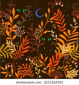 Seamless pattern with tropical leaves, flowers, glowing animal eyes against the starry night sky. Mysterious fairytale illustration of the midnight jungle. Orange, yellow, golden, brown color palette