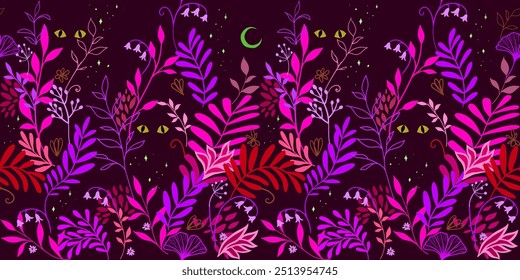 Seamless pattern with tropical leaves, flowers, wild animal eyes against the starry night sky. Mysterious fairytale illustration of the midnight jungle. Deep violet, purple, magenta, red color palette