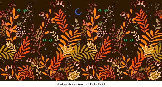 Padrão sem emenda com folhas tropicais, flores, olhos animais brilhantes contra o céu noturno estrelado. Ilustração misteriosa de conto de fadas da selva da meia-noite. Paleta de cores laranja, amarelo, dourado e marrom	