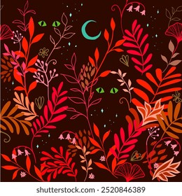 Padrão sem emenda com folhas tropicais, flores, olhos animais brilhantes contra o céu noturno estrelado. Ilustração misteriosa de conto de fadas da selva da meia-noite. Paleta de cores vermelho, marrom, laranja, coral