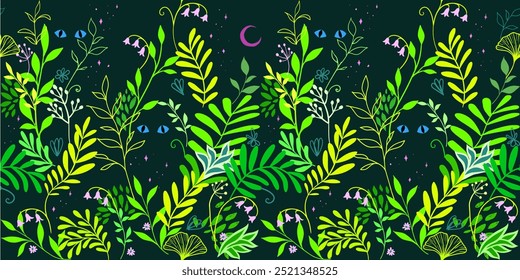 Padrão sem emenda com folhas tropicais, flores, olhos animais brilhantes contra o céu noturno estrelado. Ilustração misteriosa de conto de fadas da selva da meia-noite. Paleta de cores verde, amarelo, azul escuro e rosa