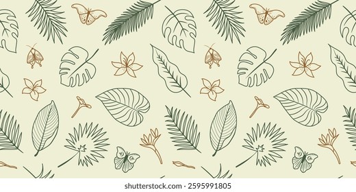 Seamless pattern with tropical leaves, flowers and butterflies doodle hand drawn style. Exotic flora background.
