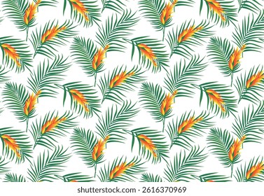 Seamless pattern with tropical leaves and flowers. Vector hand drawn illustration