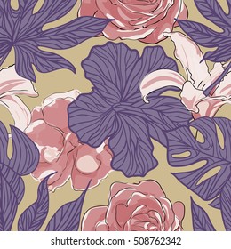 Seamless pattern with tropical leaves and flowers