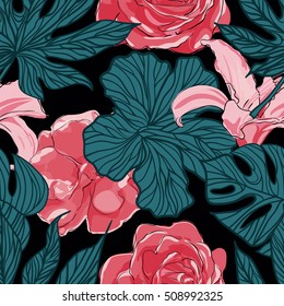 Seamless pattern with tropical leaves and flowers