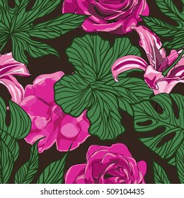 Seamless pattern with tropical leaves and flowers