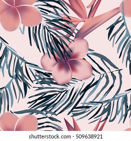 Seamless pattern with tropical leaves and flowers