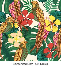 Seamless pattern with tropical leaves, flowers and birds. Floral jungle background. 