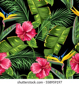 Seamless pattern with tropical leaves and flowers. Palms branches, bird of paradise flower, hibiscus.