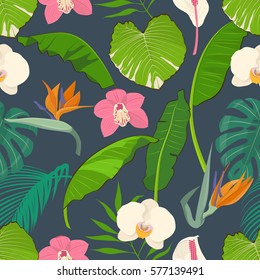Seamless pattern with tropical leaves and flowers. Vector illustration