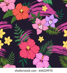 Seamless pattern with tropical leaves and flowers. Palm leaf, hibiscus. orchid, plumeria. 