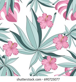 Seamless pattern with tropical leaves and flowers. Jungle. Vector illustration.