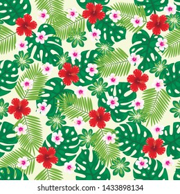 Seamless pattern with a tropical leaves fo monstera and Areca trees and hibiscus flowers