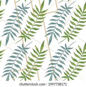 Seamless pattern with tropical leaves with folk decoration on geometric lines. Texture with green leaves with tribal ornament. Vector wallpaper with branch of rainforest. Natural decorative fabric