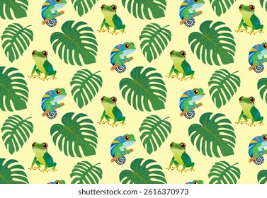Seamless pattern with tropical leaves frog and chamilion Vector hand drawn illustration