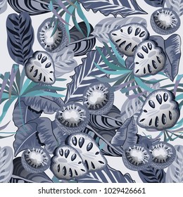 Seamless pattern with tropical leaves and fruits