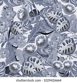 Seamless pattern with tropical leaves and fruits