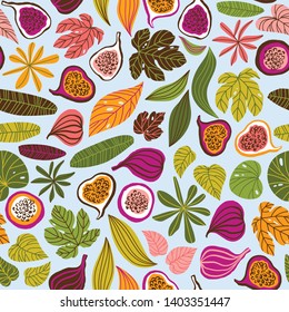Seamless pattern with tropical leaves and fruits. Beautiful print with hand drawn exotic plants and figs. Fashion botanical fabric design. Vector illustration.