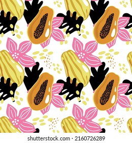 Seamless pattern of tropical leaves and fruits, summer vector illustration in cartoon style. Papaya, tropical leaves and bright hibiscus flower. Bright summer pattern. 