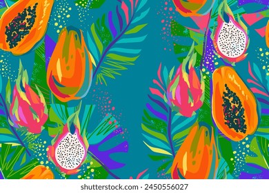 Seamless pattern with tropical leaves and fruits. Colorful palm leaves, monsters and fruits of papaya, pitaya. Bright summer pattern. Modern exotic background. Vector illustration.