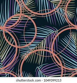 seamless pattern with tropical leaves and geometric shapes