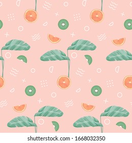 Seamless pattern with tropical leaves, geometric elements and fruit
