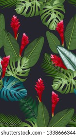 Seamless pattern tropical leaves with ginger flower on black background
