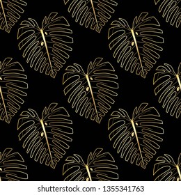 Seamless pattern with tropical leaves. Gold monstera leaf on the black background. Vector illustration.