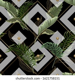 Seamless pattern with tropical leaves, gold and geometrical elements. Vector.