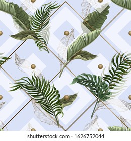 Seamless pattern with tropical leaves, gold and geometrical elements. Vector