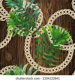 Seamless pattern with tropical leaves , golden chain and wood texture.