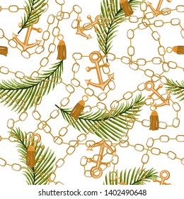 Seamless pattern with tropical leaves, golden chain and anchor. Fashion textile print. Vector hand drawn illustration.