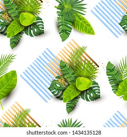 Seamless pattern with tropical leaves, golden confetti and stripes. Vector illustration.