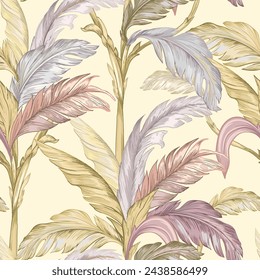 Seamless pattern of tropical leaves. Graphics in pastel colors. Palm leaves on a light background.