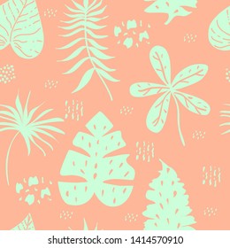 Seamless pattern of tropical leaves. Green leaves cartoon vector drawings.  Can be used for wallpaper, pattern fills, web page background,surface textures.
